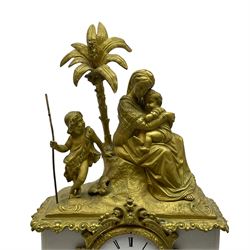French - Parisian 8-day patinated figural mounted mantle clock c1820, in a rectangular white marble case surmounted by a mother and young children resting by a palm tree, on a cast base with an  elaborate foliate scroll apron incorporating outswept splayed feet, white enamel dial with retailers name, roman numerals, minute track and steel moon hands, rack striking twin train movement with a silk suspension striking the hours and half hours on a bell. No Pendulum.