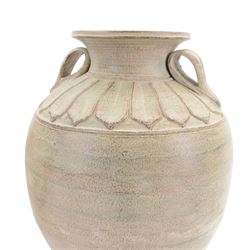 Two large Thai storage jars, with repeating leaf boarder to the neck