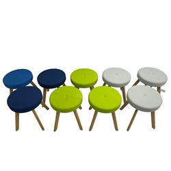 Connection Furniture - set nine oak framed low stools, circular seat upholstered in blue, grey, lime green or navy blue fabric, raised on splayed supports