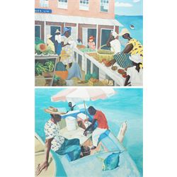 Tiffany Erwin Cant (American 1954-): 'Marketplace' and 'Men in the Boat', pair of limited ...