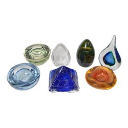 Three Kosta Boda glass bowls, together with four paperweights including an example by Marian Pyrcak