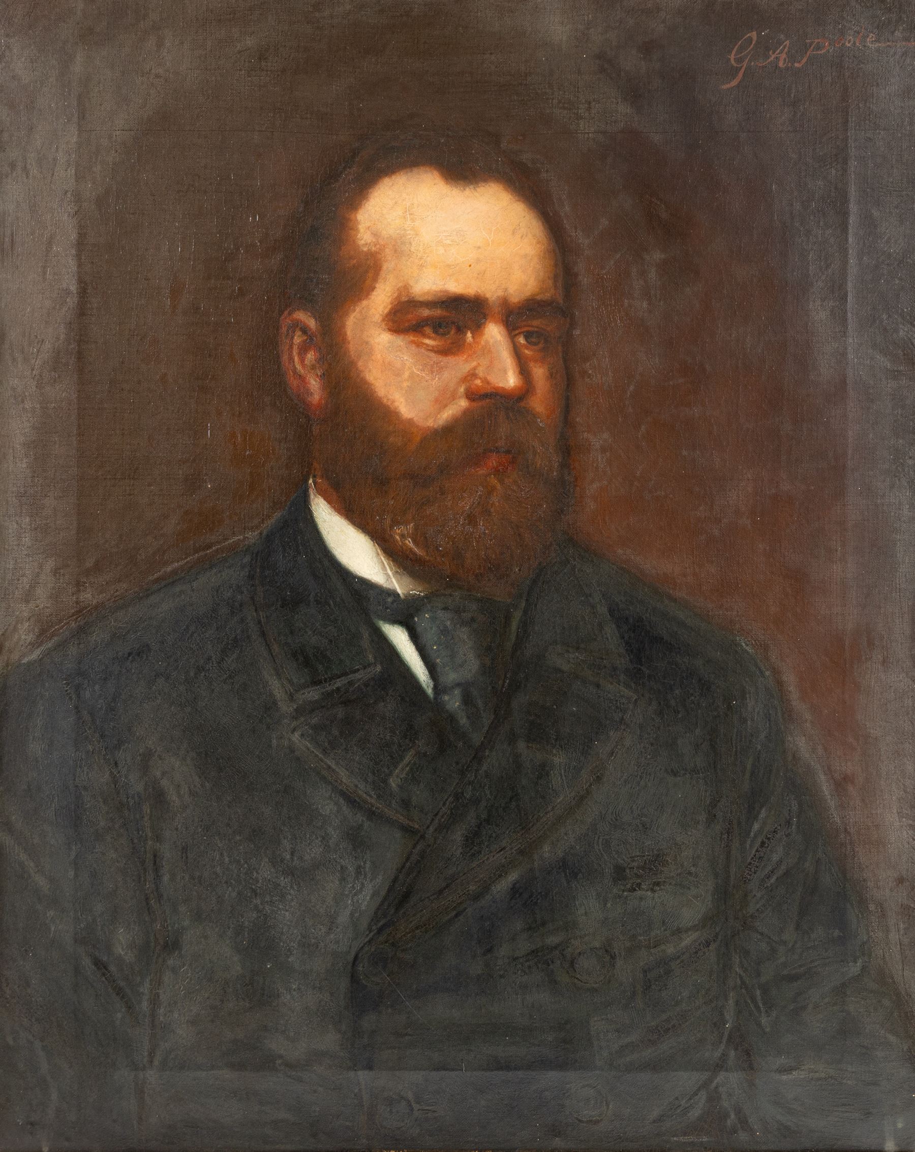 George Augustus Poole (British 1861-1932): Portrait of Joseph Cooper and Maria Cooper, pair oils on canvas signed 68cm x 55cm (2)
Notes: Joseph Cooper invented the 'Go-Through' lace making machine and other lace making equipment which revolutionised lace making in Nottinghamshire.