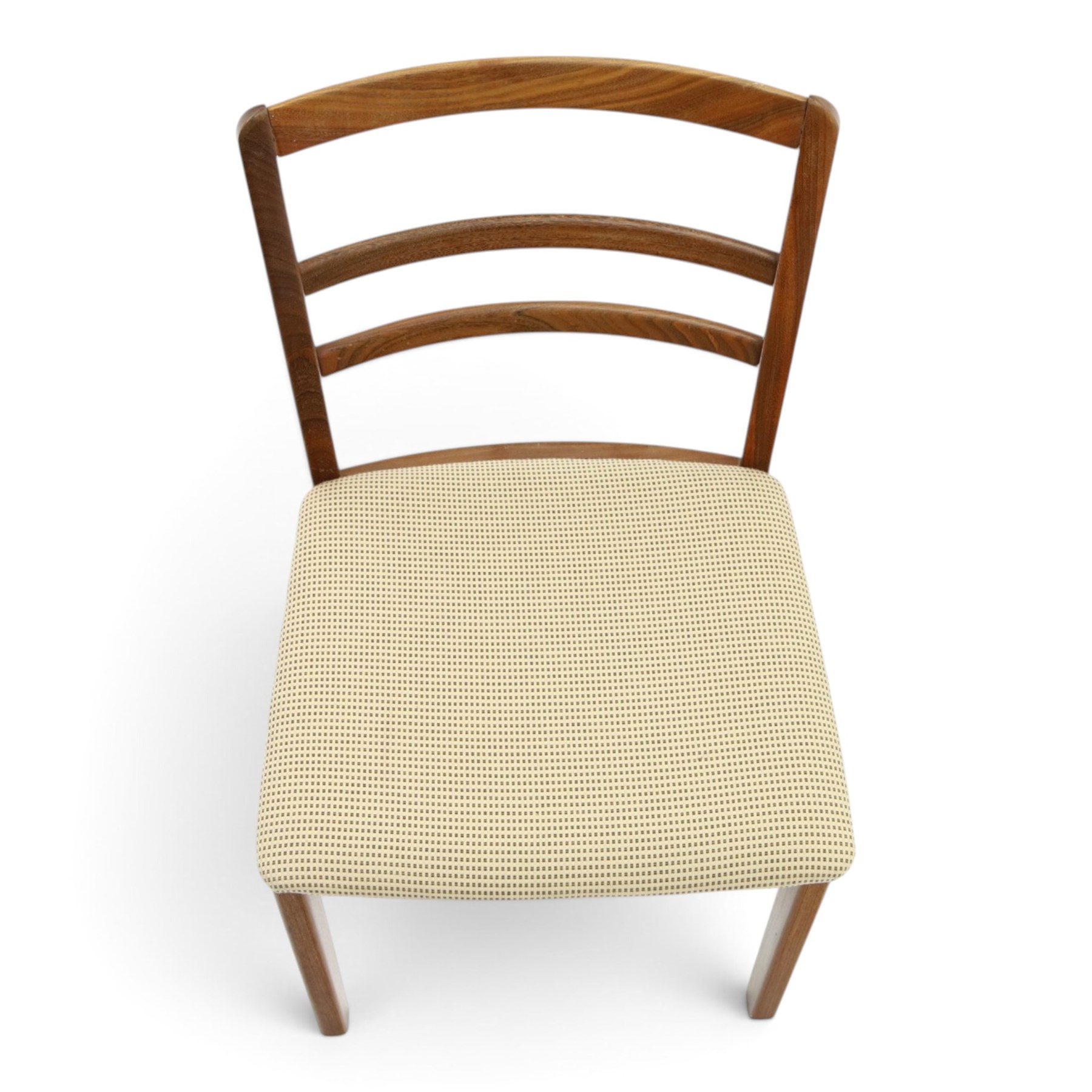 G-Plan - set of four mid-20th century teak 'Fresco' dining chairs, low ladder back on seats upholstered in chequered fabric, on square tapering supports