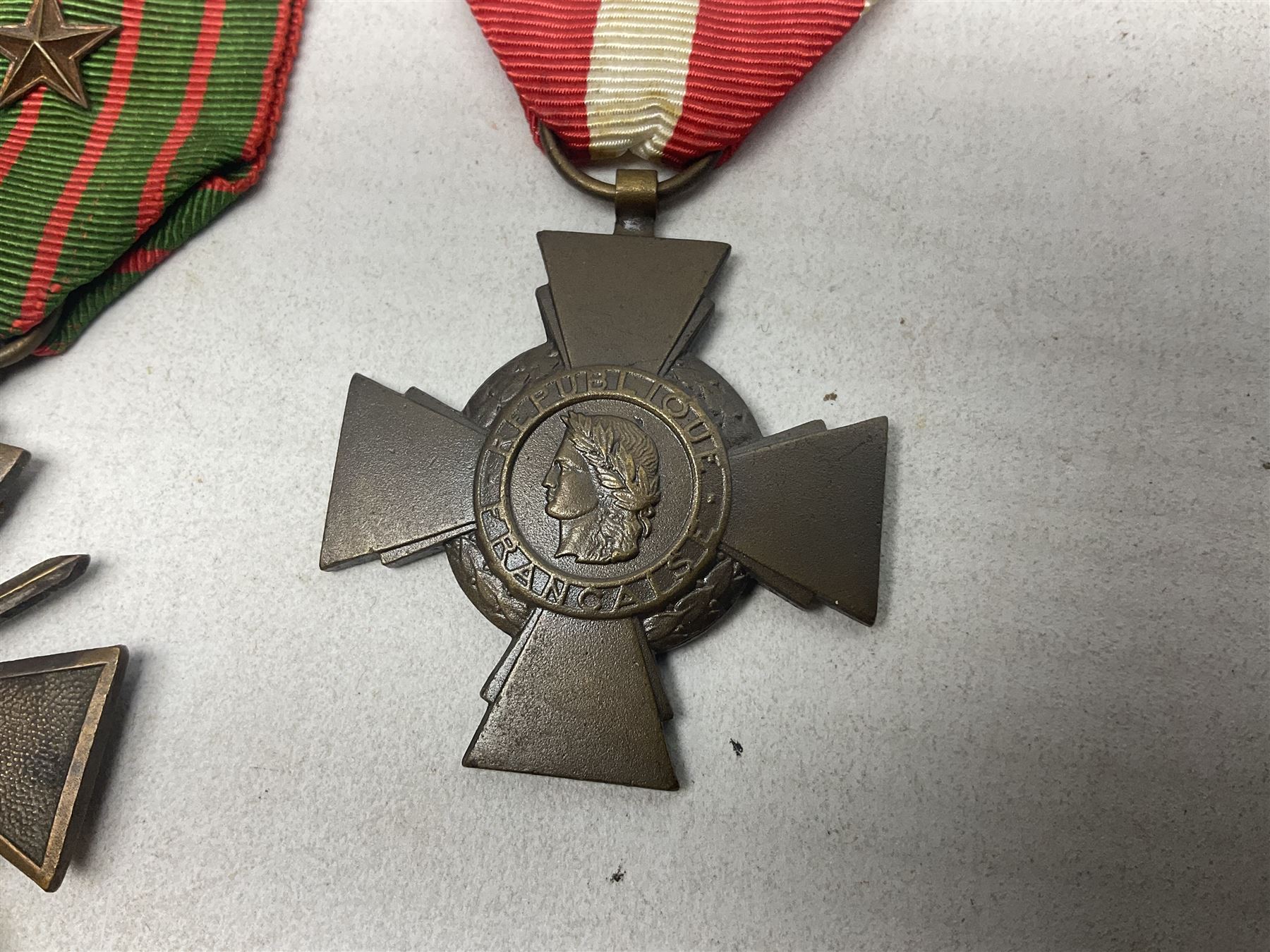 Six French medals - 2nd Empire Louis-Naploeon Medaille Militaire Valeur Et Discipline; 1870 3rd Republic Medaille Militaire Valeur Et Discipline; WW1 Croix-De-Guerre with MID star; WW2 Theatres D'Operations Exterieurs Croix-De-Guerre; WW1 Commemorative Medal; and Croix De La Valeur Militaire; all with ribbons (6)