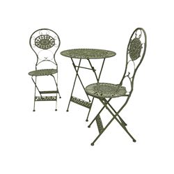 Oval pale green folding garden table and two folding chairs