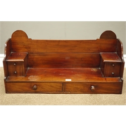  Victorian mahogany wall shelf, with shaped back above two compartments and two drawers with turned wooden handles, W82cm, H40cm, D23cm  