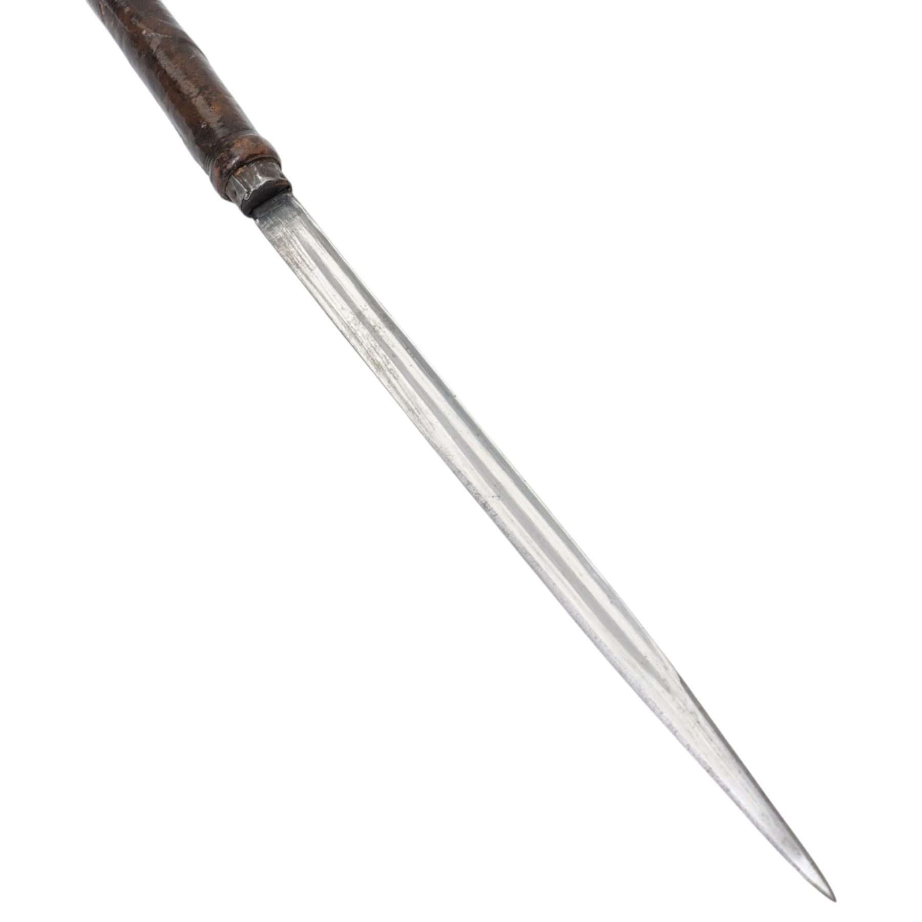 Early 20th century leather covered swagger sword stick, blade length 27cm, overall length 44cm