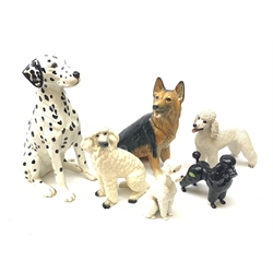 A Beswick fireside dalmation, No 2271, H35cm (a/f), a Kingston Pottery Alsatian, a Beswick Poodle, Hutschenreuther H Achtziger Poodle, and two further Poodle figurines. 
