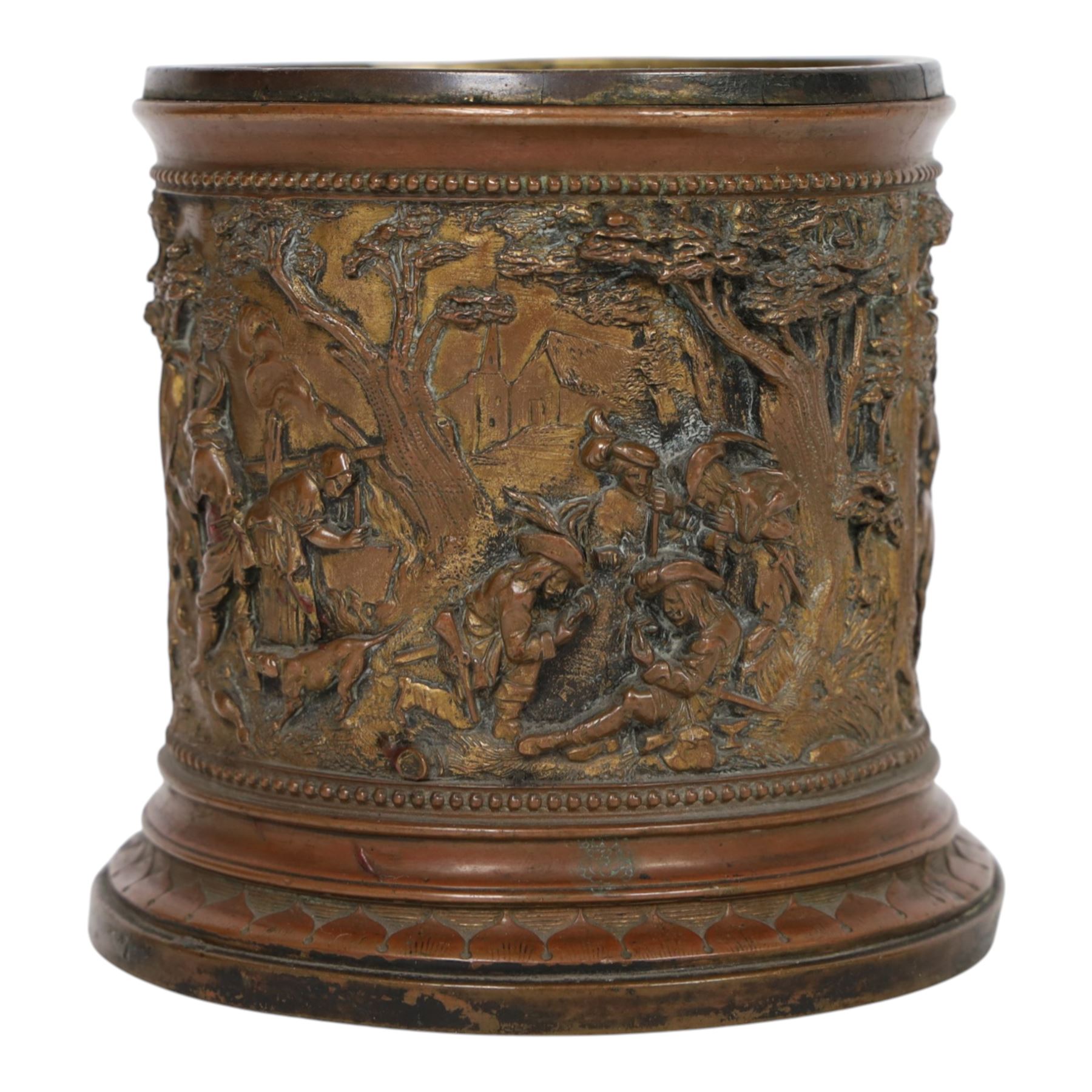 T & E of Paris, gilt bronzed white metal circular jar, decorated with high relief scenes after Tenniers, impressed mark beneath, H11cm