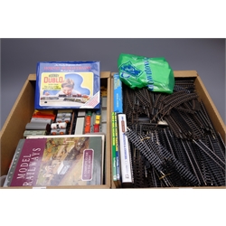  Various makers '00' gauge - twenty-eight wagons including two car transporters with cars, three Hornby Dublo etc, large quantity of track, reference books and assorted model making accessories etc in two boxes  
