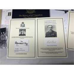 Dambusters 617 Squadron memorabilia - three signed photographs of Lancaster aircraft in flight, group photograph, copy of Vickers-Armstongs letter and drawing from Barnes Wallis, The History of 617 Squadron by Sqn. Ldr. S.J. Hillier, facsimile sets of signatures, FDCs, sheet music, Richard Todd signed photograph and greeting card, etc