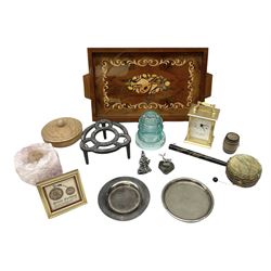 Sorrento marquetry twin handled tray with musical motif to centre, L40cm, W Widdop brass carriage clock with quartz movement, pellet drum, Whitall Tatum Company No.1 glass insulator, silver plate and other misc etc