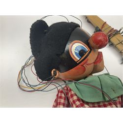 Pelham Puppet - a rare type SM Harlequin circa 1950s with painted black face mask, black felt hat, green ruff and red white chequered suit, H31cm; in original box with instructions 