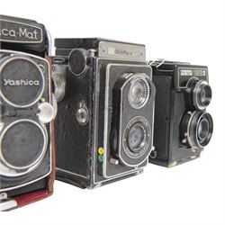 Four medium format TLR cameras, comprising Zeiss Ikon Ikoflex serial no. TD17003 with Tessar 1:3.5 f=7.5cm and Teronar Suchar-Anastigmat 1:3.5 f=7.5cm lenses, Franke & Heidecke Rolleiflex serial no. 1164037 with Tessar 1:2.8 f=80mm and Heidoscop-Anastigmat 1:2.8 f= 80mm lenses, Yashica-Mat Copal MXV serial no. MT 2050640 with Yashinon 1:3.5 f=80mm and View-Yashinon 1:3.2 f=80mm lenses and a Lomo Lubitel 166B serial no. 83169658 with T-22 4.5/75 lenses