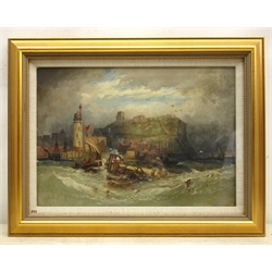  Joseph Newington Carter (British 1835-1871): Scarborough Harbour, oil on canvas signed and indistinctly dated 1866, remains of artist's 'York Place' address label verso 25cm x 35cm  Provenance: part of a large North Yorkshire single owner life time collection of J N Carter oils watercolours and sketches  