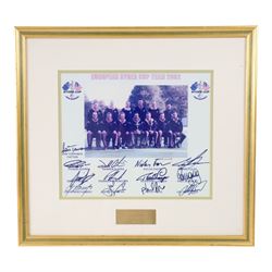 Signed golf memorabilia, to include 1988 US Masters Champion Augusta National flag, signed by Sandy Lyle, a golfing glove signed by Nick Faldo, two signed 2002 Ryder Cup prints, 1979 Masters scorecard signed by Fuzzy Zoeller displayed with a 1980 Masters scorecard signed by Seve Ballesteros, all framed, largest frame H60cm