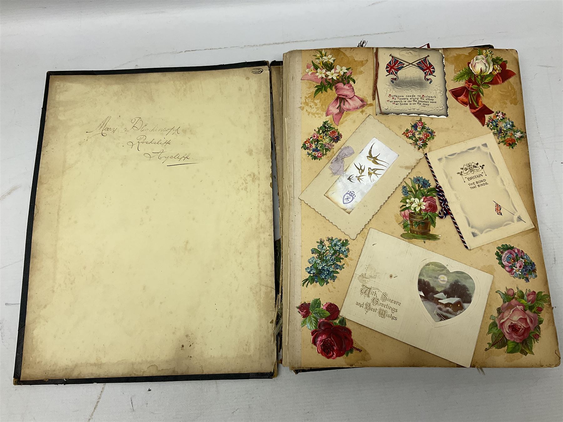 Victorian scrapbook of various fixed decoupage to include, greeting cards, portraiture, flowers, animals etc,