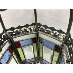 Victorian brass and stained leaded glass hall lantern, of hexagonal form, supported by four domed arms and pierced fret, H46cm W20cm