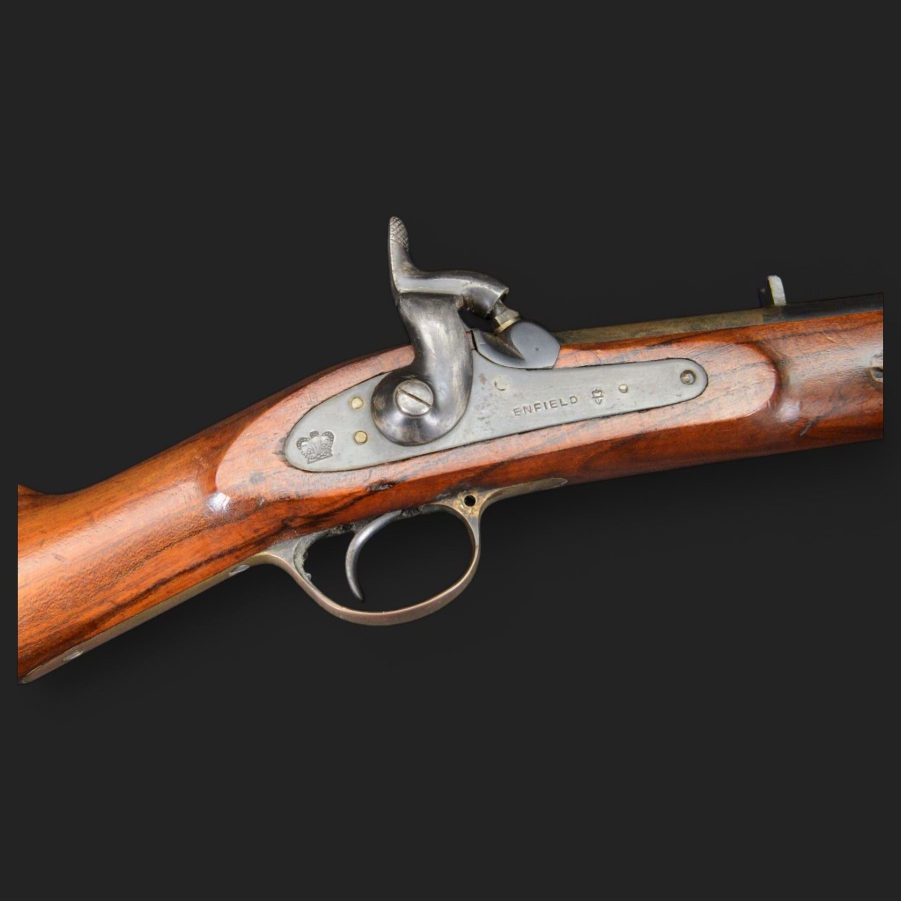 Enfield .577 action rifle, the 91.5cm rifled barrel with three barrel bands and ramrod under, full walnut stock, action marked 'Enfield' with Victoria cypher, overall L131cm