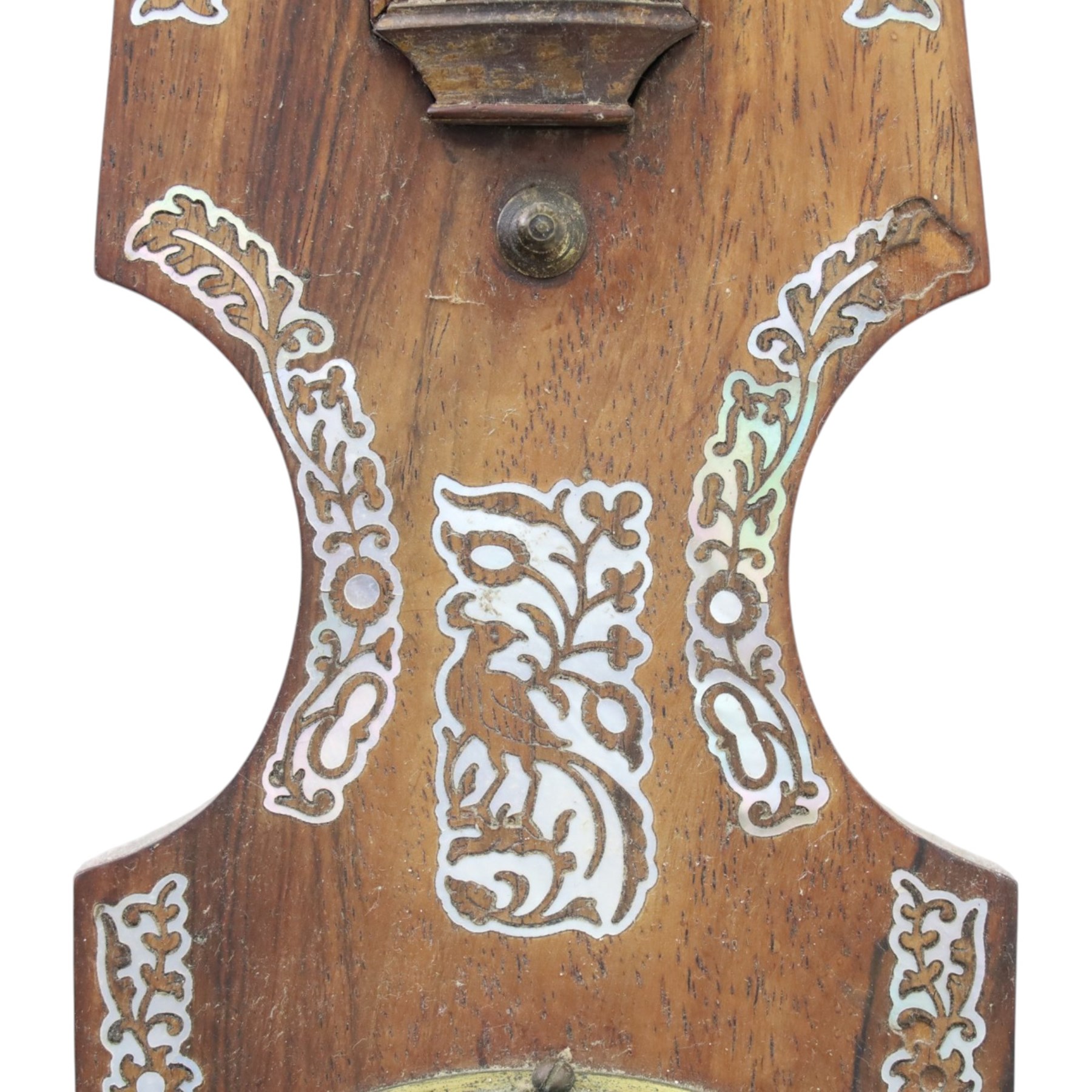 Three wheel barometers, a mother of pearl inlaid mahogany case, swan neck pediment, thermometer and circular dial, H 92cm, the second Sheraton Revival style with floral inlay, swan neck pediment, thermometer and circular dial, H 102cm, the third Sheraton Revival style, H 95cm (3)