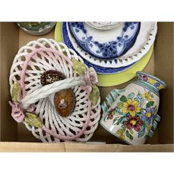 Collection of ceramics to include Bretby jardinière, Royal Worcester, Palissy, Royal Doulton Dickens Ware, Carlton ware, 19th century small dish painted with roses and foliate decoration, lustre, Poole etc in two boxes