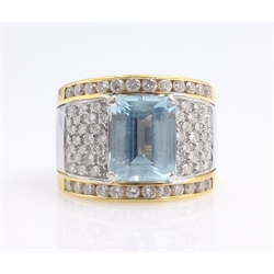  Aquamarine and diamond white and yellow 18ct gold ring, aquamarine 3.7 carat stamped 750  