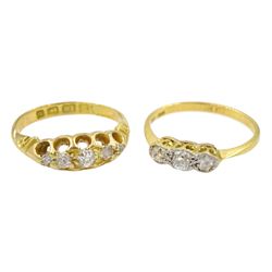 14ct gold old cut diamond three stone ring, stamped 585 and an Edwardian 18ct gold five stone ring, Birmingham 1901