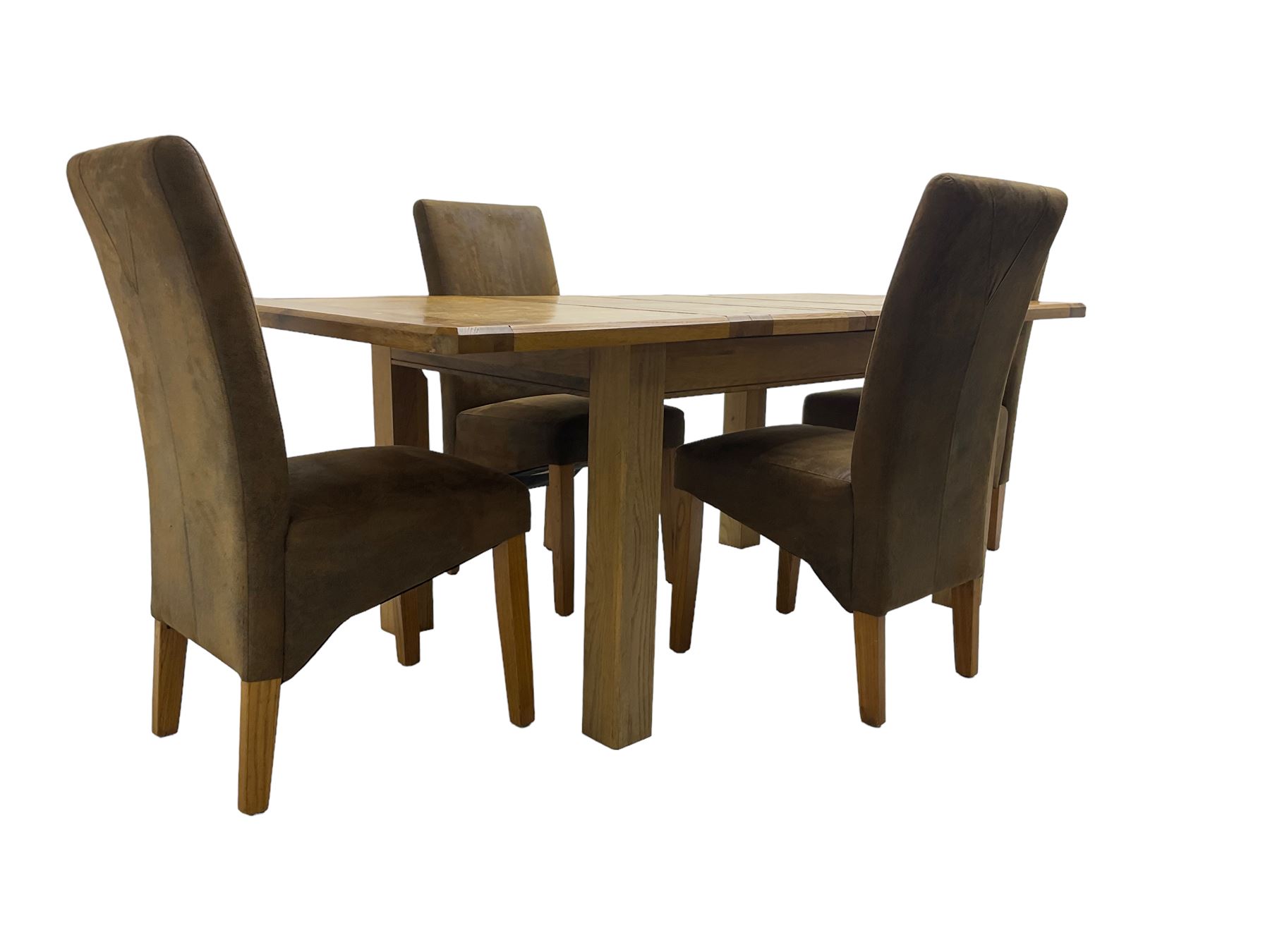 Contemporary oak extending dining table, rectangular top with canted corners on square supports, with two additional leaves (W133cm D93cm H78cm); and set four high back dining chairs, upholstered in brown faux suede (W46cm H103cm)