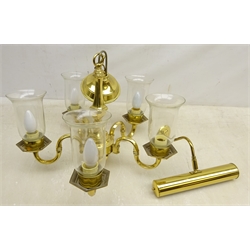  Five branch centre light fitting with clear glass shades, D48cm and a brass picture light  