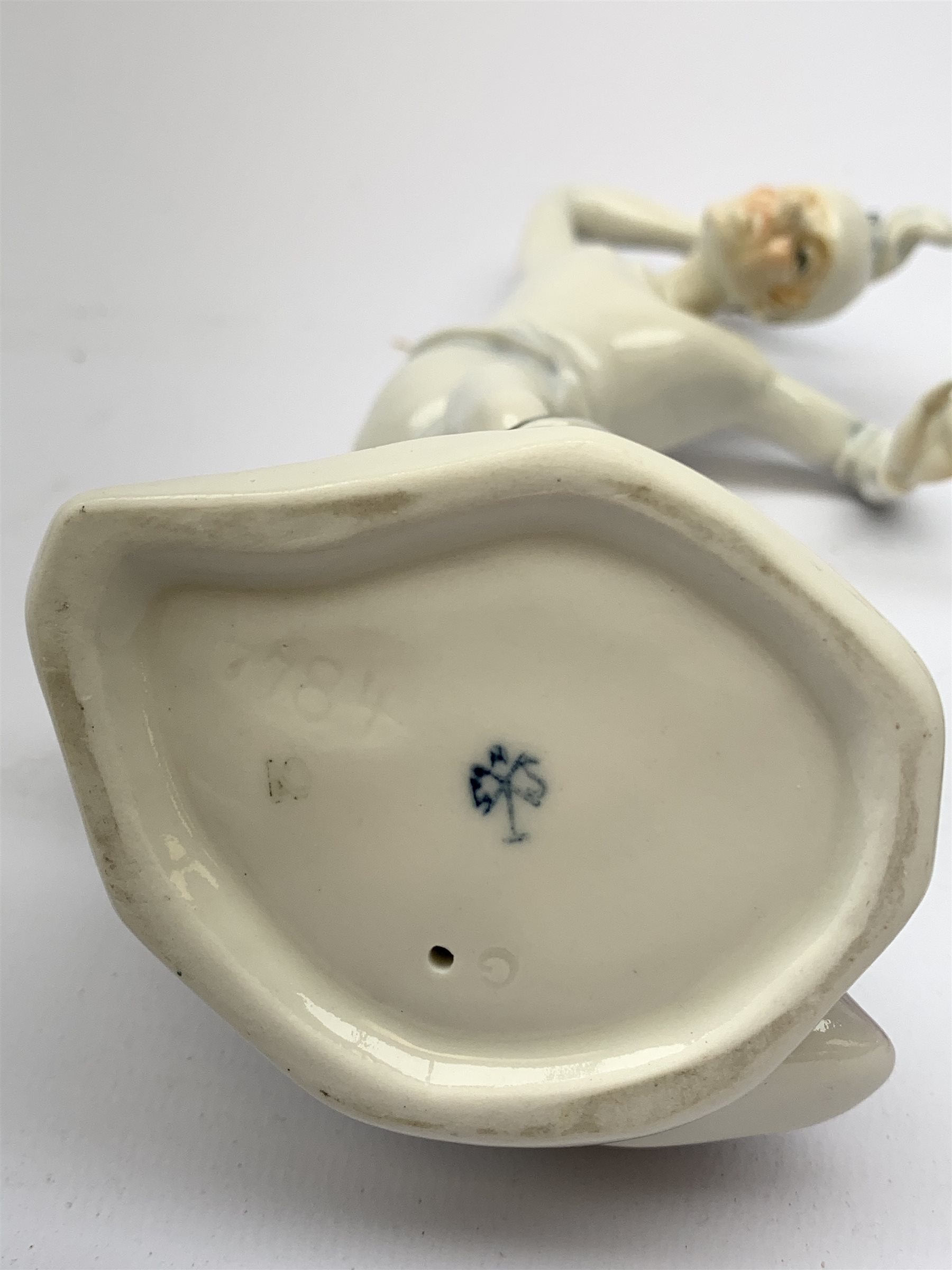 Three 20th century Karl Ens figurines, the first modelled as Uncle Fritz, the second modelled as Bock the Tailor, the third modelled as a sprightly female figure, each with printed blue mark to base, largest H20cm. 