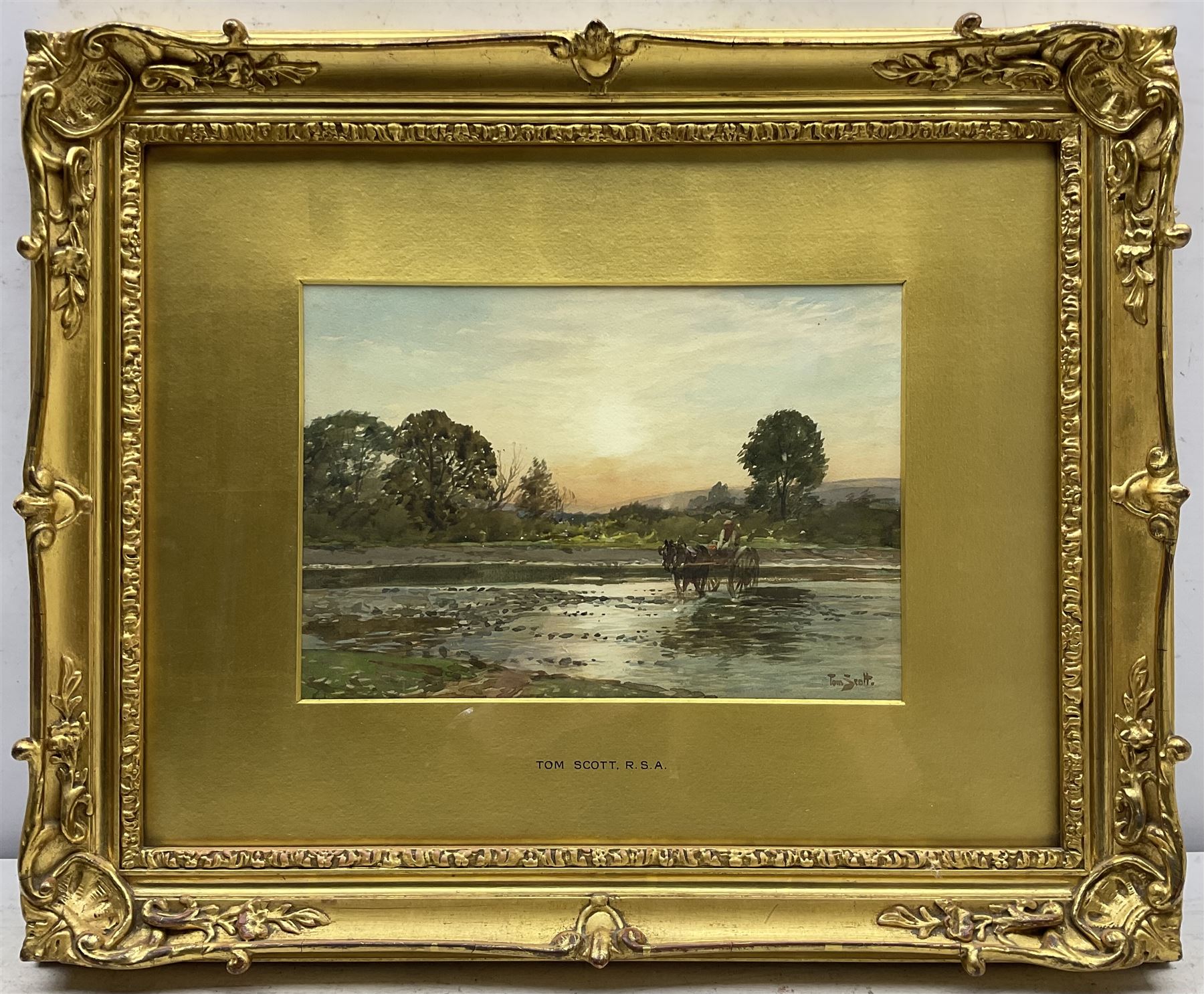 Tom Scott RSA RSW (Scottish 1854-1927): 'Sunset', watercolour signed, indistinctly titled and dated 1913 on original label verso 18cm x 26cm