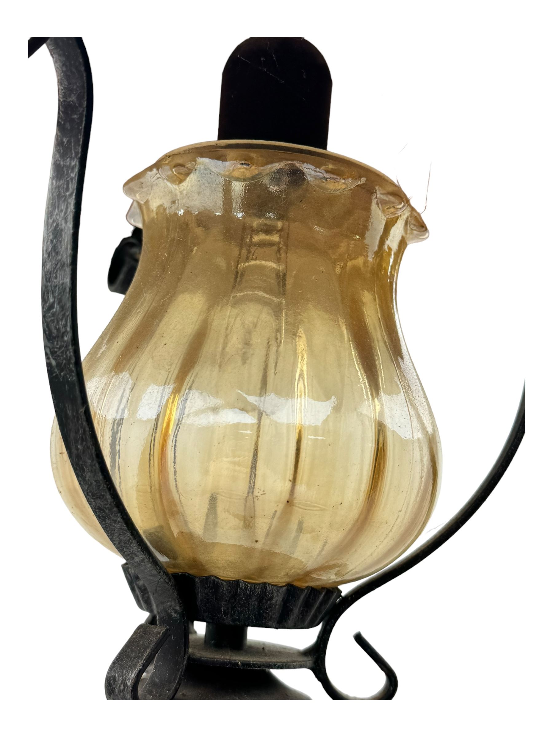 Collection of vintage and modern light fixtures, including copper pendant light, brass five-arm chandelier, hanging lantern and two small chandeliers with hanging faceted droplets (6)