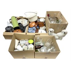 Large quantity of glassware and ceramics, to include teawares and dinnerwares, drinking glasses, slop bucket, other misc etc