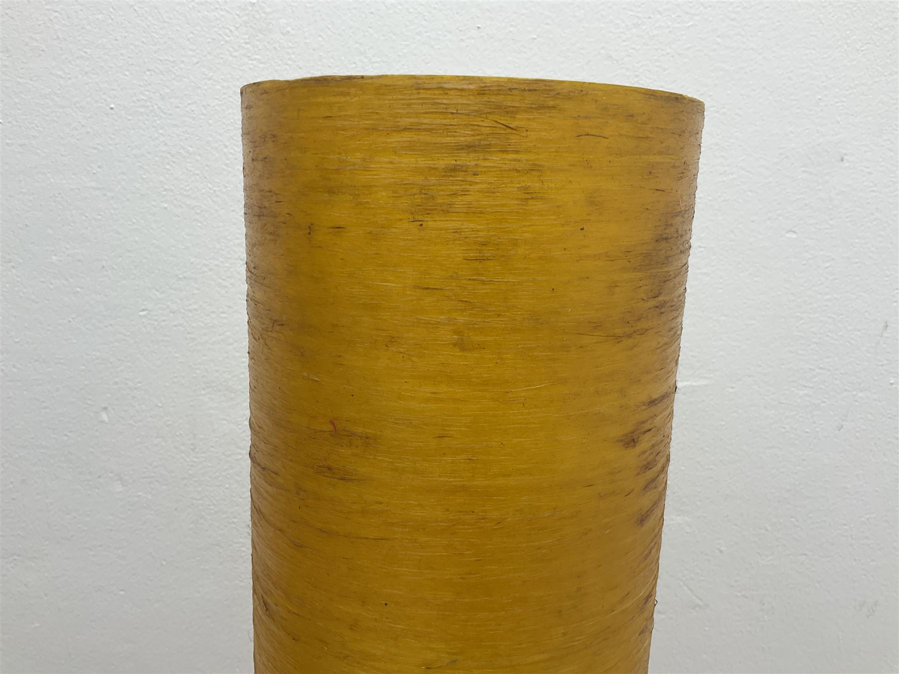 Mid century floor standing rocket lamp, the spun cylindrical orange fibreglass shade supported by three tapering teak legs, together with a matching small cylindrical shade, lamp H112cm