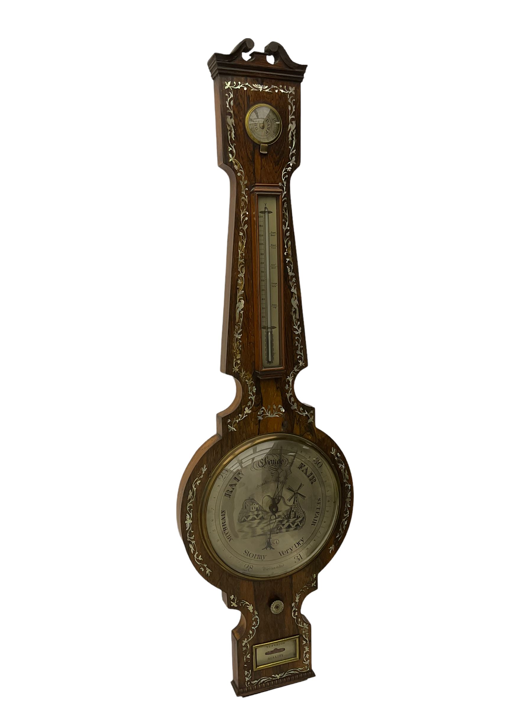 A Victorian rosewood mercury barometer with a swan’s neck pediment and