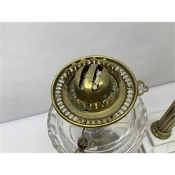 Brass Corinthian column oil lamp, upon stepped marble base, together three other brass table lamps, tallest H68cm