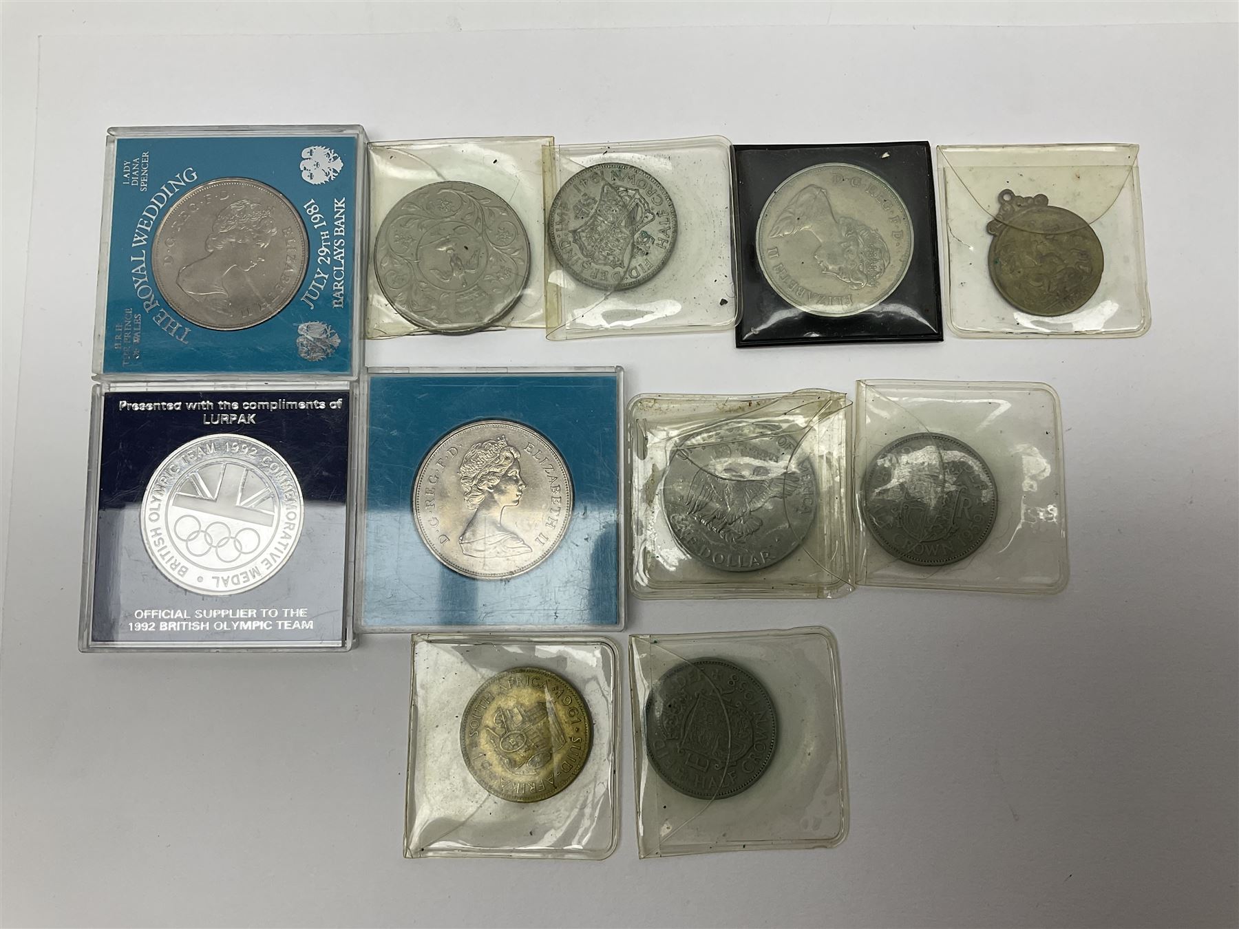 WW2 group of three medals comprising 1939-1945 War Medal, France & Germany Star and 1939-1945 Star; all with ribbons; 1930s Hull Savings Bank silver and enamel presentation fob; three medallions depicting Hitler, Mussolini and Mao Tse Tung; quantity of modern crowns and other coins; and a 6mm Flobert style starting pistol