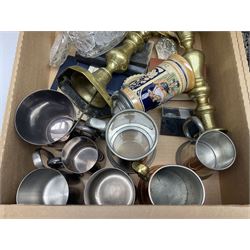 Quantity of predominantly silver-plated metal ware, to include cased silver plate cutlery, brassware, oil lamp, treen, copper, pewter tankards, misc etc