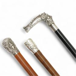 Chinese segmented horn silver mounted cane L89cm, Indian stick and an ebonised evening cane with silvered crook handle