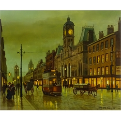  Steven Scholes (Northern British 1952-): Oxford Street Manchester, oil on board signed 36.5cm x 44cm  DDS - Artist's resale rights may apply to this lot    
