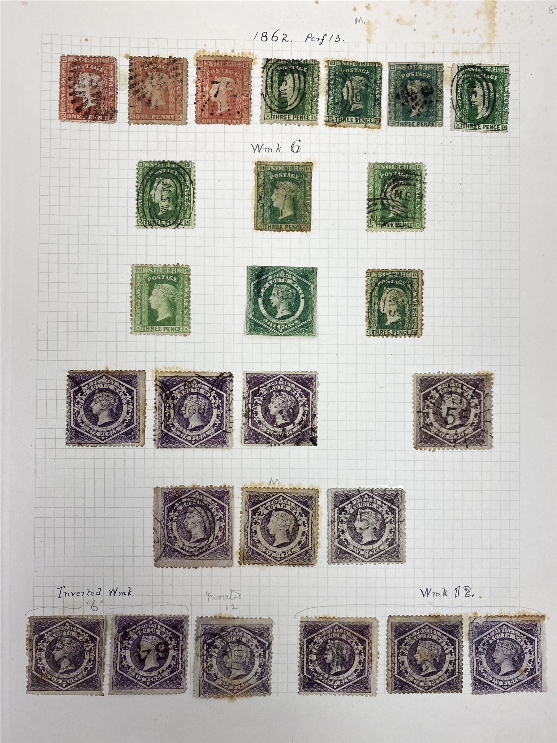 Australia New South Wales stamps, including 1850-4 various imperf issues, 1854-6 including five pence, six pence, one shilling etc, 1856-60 registered letter stamps, 1861-88 five shillings etc, housed on pages