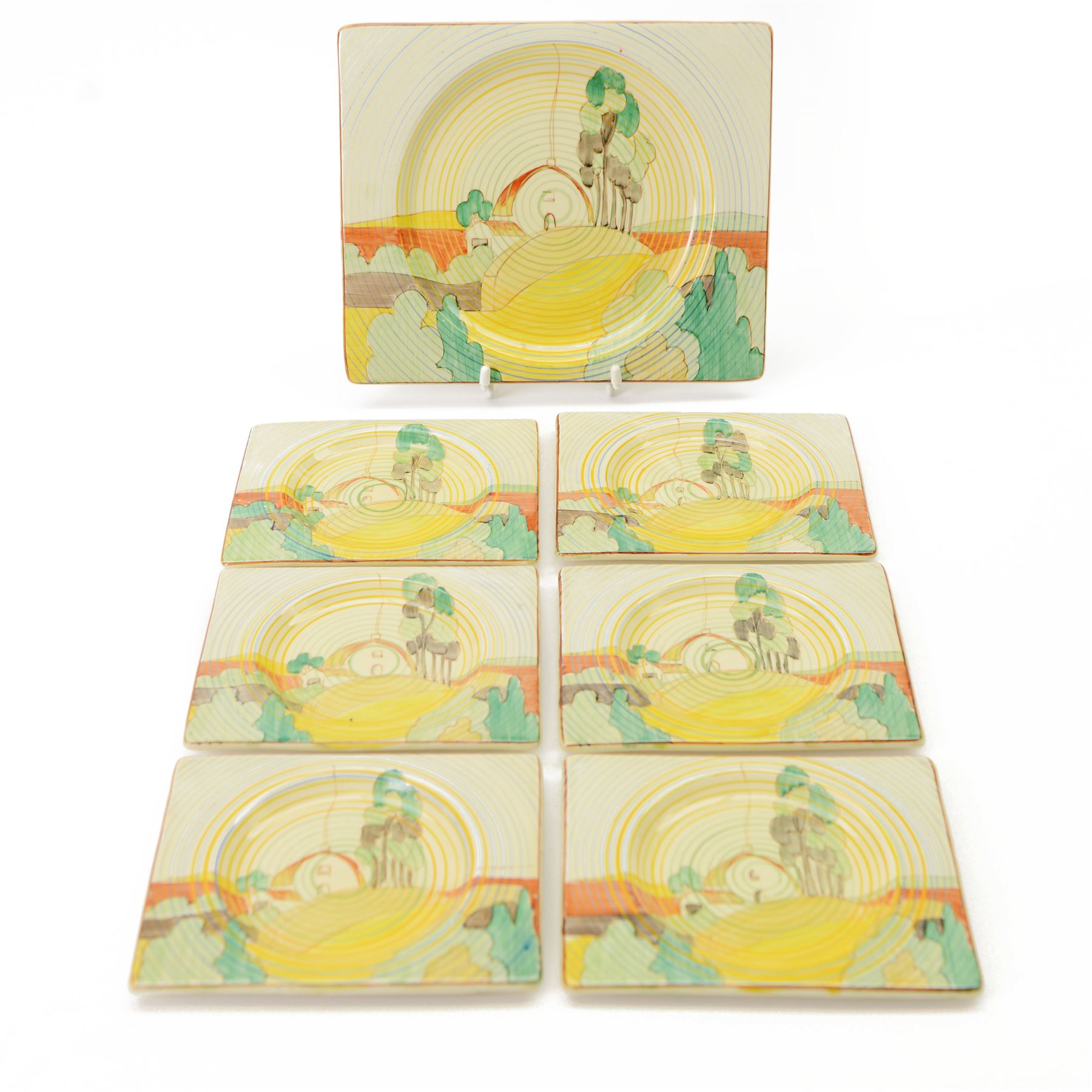 Clarice Cliff Biarritz sandwich set, comprising a rectangular platter and six side plates, all in the Brookfields pattern, the platter with printed Clarice Cliff Newport Pottery and The Biarritz Royal Staffordshire mark beneath, platter H23cm, W19.5cm
