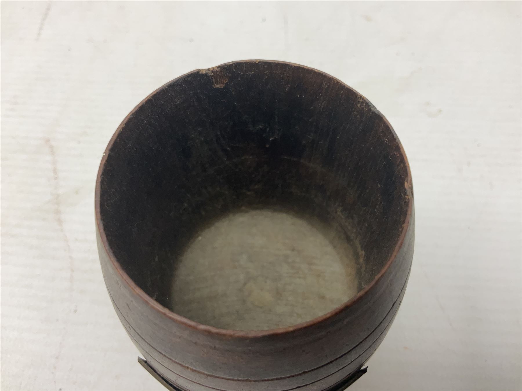 Treen miniature barrel with brass plaque entitled 'From the Teak of HMS Iron Duke Admiral Jellicoe's Flag Ship Jutland 1916' H17cm