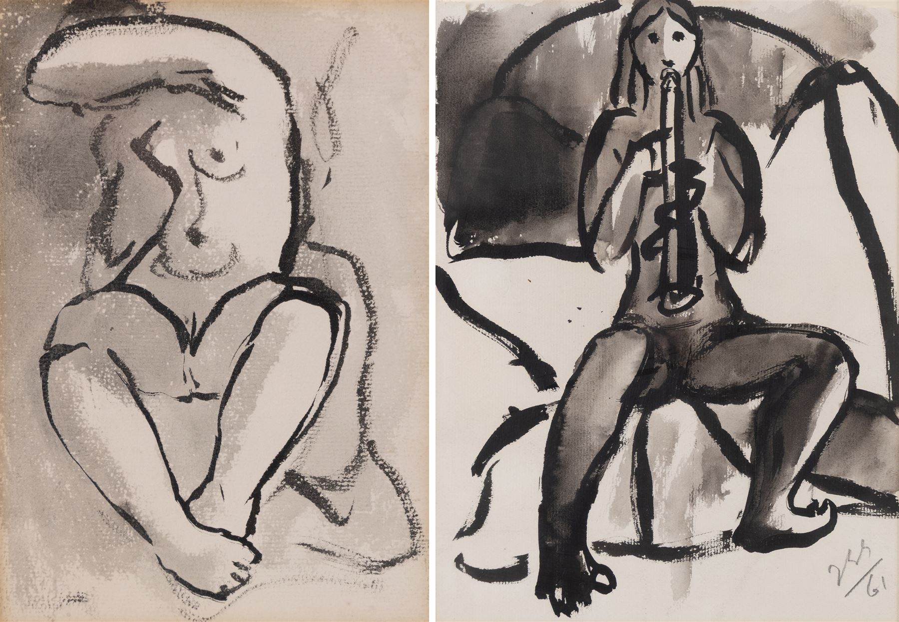 Jean-Georges Simon (Austria-Hungary 1894-1968): Nude Woman Playing Flute and Nude Study, two pen and ink drawings, one signed with initials and dated '61, 30cm x 22cm and 19cm x 13cm (2)