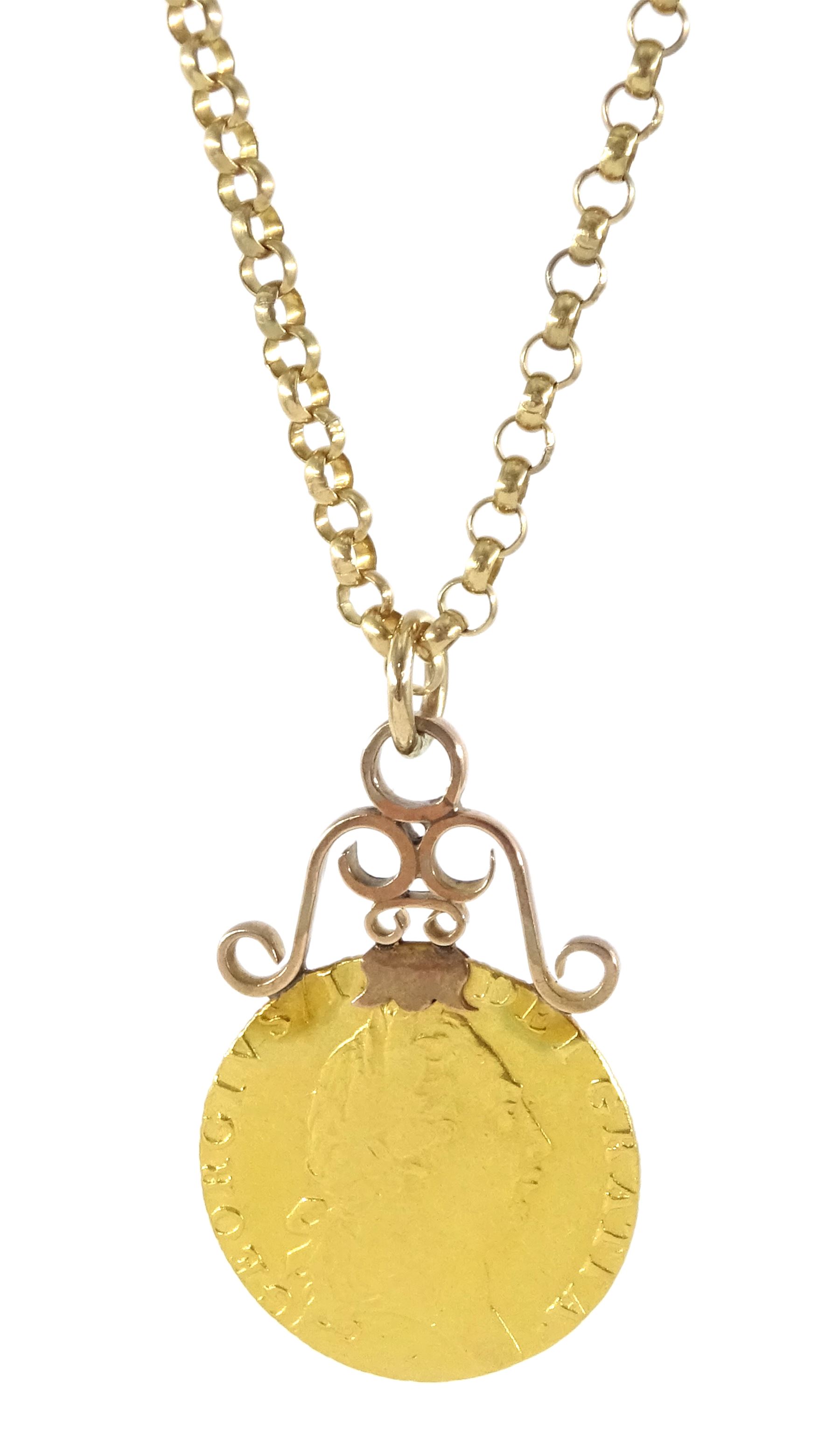 King George III 1791 gold spade guinea coin, soldered 9ct rose gold mount, on 9ct gold belcher link chain necklace