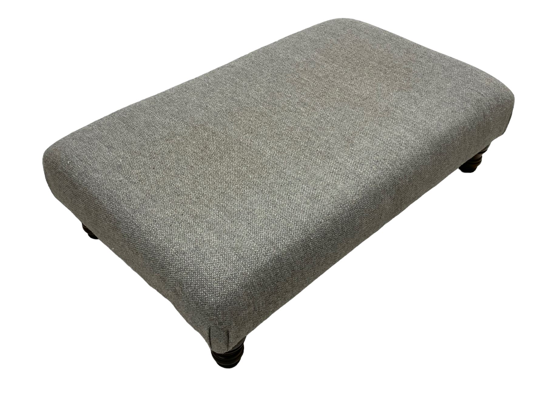 Interiors at Nine to Eleven - traditional rectangular footstool, the padded seat upholstered in neutral grey 'Harris Tweed' fabric, raised on turned feet