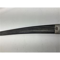 Turkish Model 1874 sword bayonet with 57.5cm curving steel fullered blade and chequered black grip, in steel mounted leather scabbard L75.5cm overall