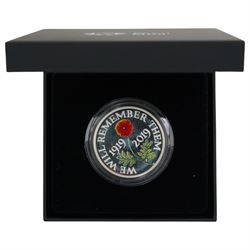 Five The Royal Mint United Kingdom silver proof coins, comprising 2017 one ounce Britannia, 2017 '100th Anniversary of the First World War' piedfort two pound, 2018 'Remembrance Day' piedfort five pound, 2019 'Remembrance Day' piedfort five pound, and 2019 'Wallace & Gromit' fifty pence