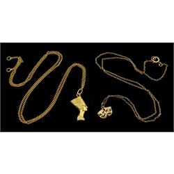 18ct gold Pharaoh pendant necklace and a 9ct gold two mask face pendant necklace