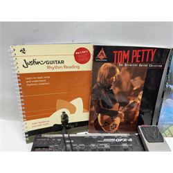 Zoom GFX-4 Guitar Effects processor; quantity of assorted cables; tremolo arms; plectrum wallet; Steepletone SMH10 earphones etc